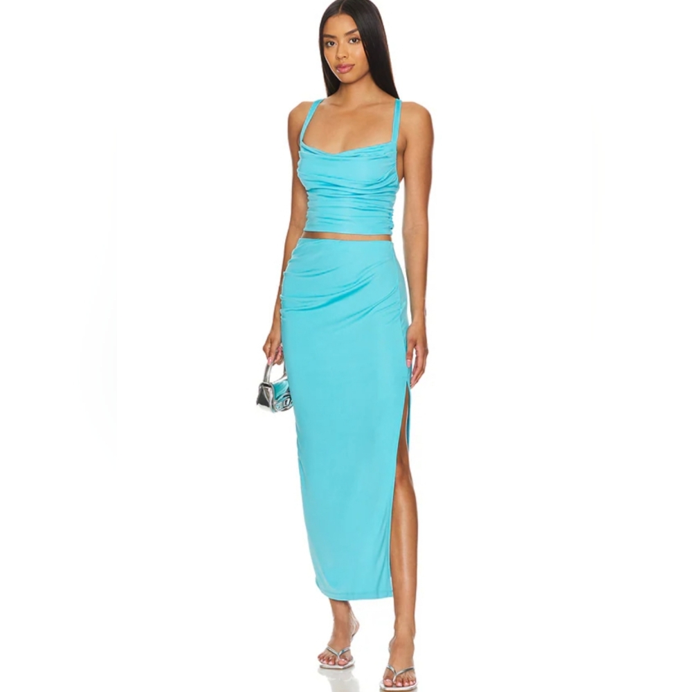 NWT Solid Side Gathered Slit Skirt in Aquarium Susana Monaco $218
